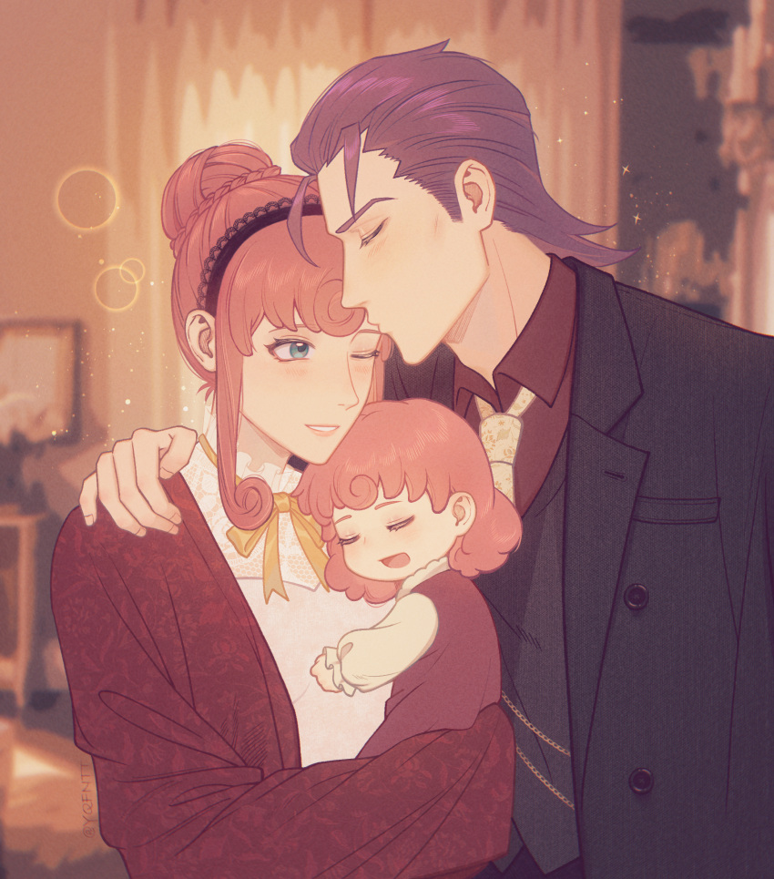 1boy, 2girls, ace_attorney, black_hairband, black_jacket, black_vest, blue_eyes, carrying