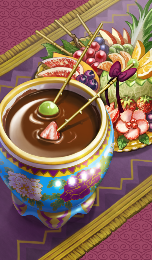 apple, apple_slice, bow, bowl, chocolate, chocolate_fondue, commentary, drink, fate/grand_order, fate_(series), floral_print, fondue, food, food_focus, fringe_trim, fruit, no_humans, official_art, orange_(fruit), orange_slice, partially_immersed, pink_background, plate, purple_bow, ripples, sasaki_midori, skewer, still_life, strawberry, strawberry_slice, third-party_source