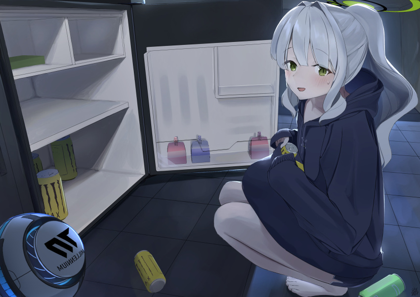 1girl, :d, absurdres, barefoot, black_hoodie, blue_archive, blunt_bangs, blush
