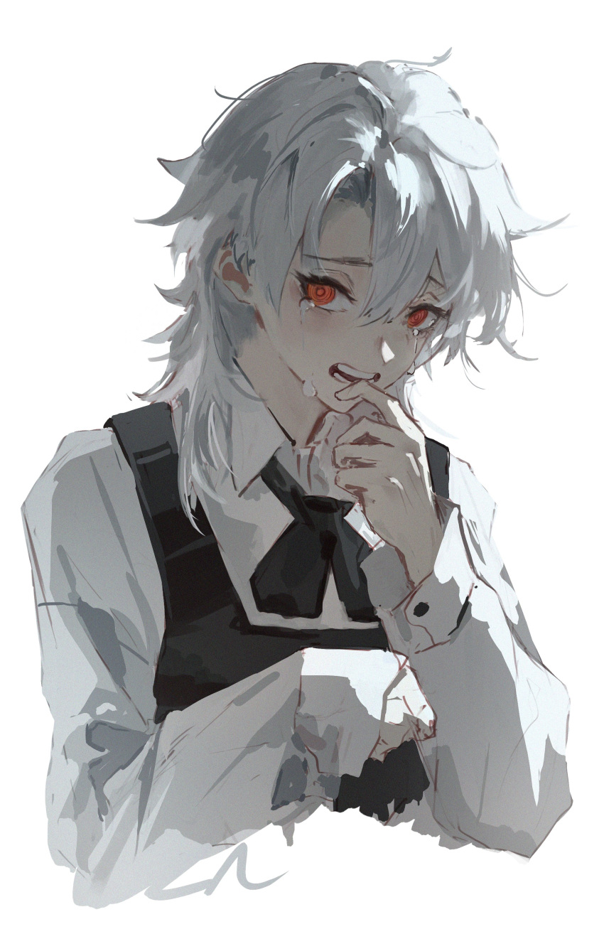 1girl, absurdres, black_dress, chainsaw_man, collared_shirt, crying, crying_with_eyes_open, dress