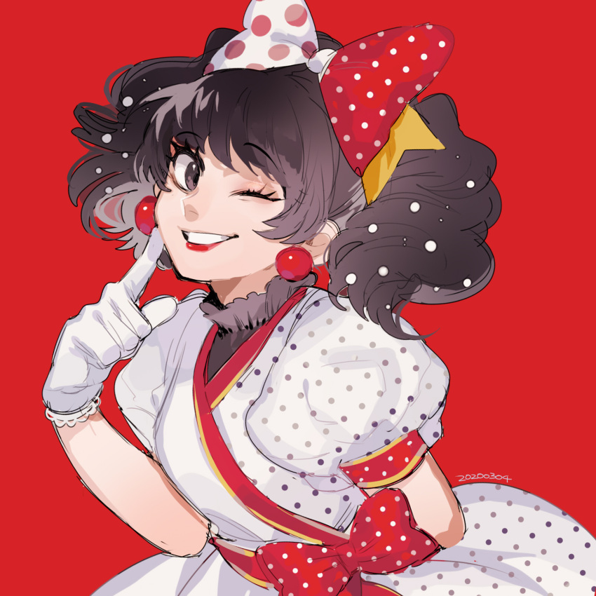 1girl, bow, brown_eyes, brown_hair, disney, dress, highres, humanization, looking_at_viewer, minnie_mouse, moov_(mb_52), personification, polka_dot, polka_dot_bow, puffy_sleeves, short_hair, simple_background, smile, solo, twintails