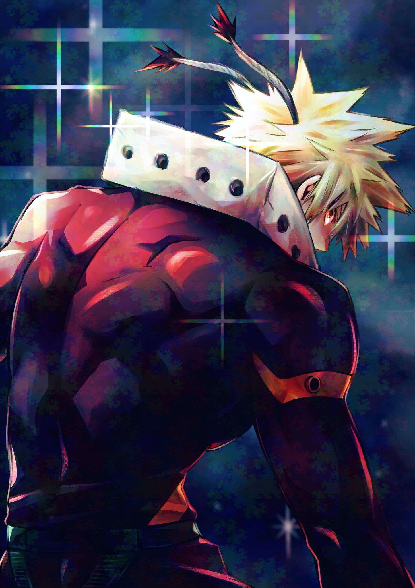 1boy, back_muscles, bakugou_katsuki, belt, black_pants, black_shirt, blonde_hair, boku_no_hero_academia