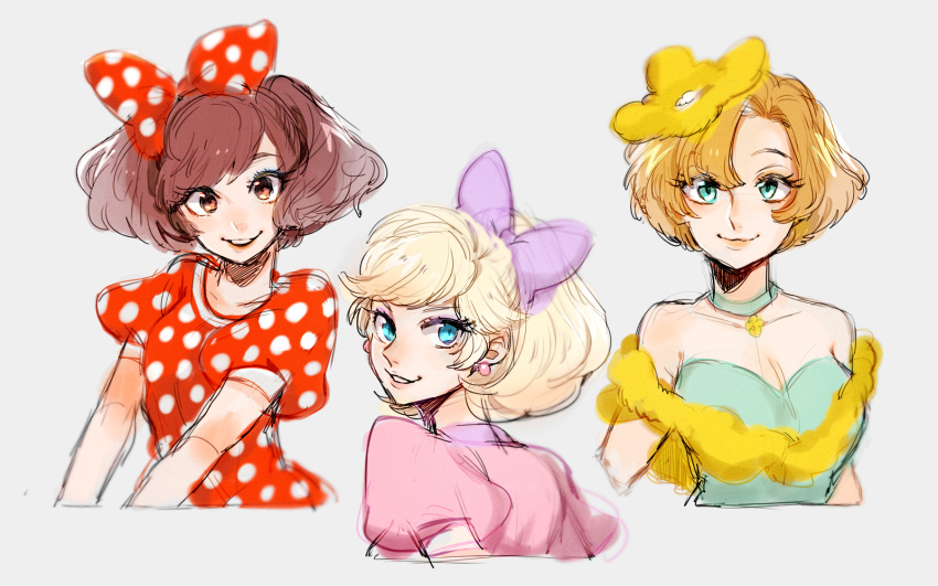 3girls, blonde_hair, bow, brown_hair, clarice_(disney), daisy_duck, disney, dress