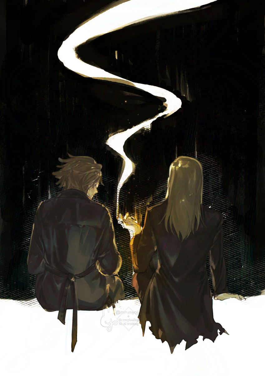 2boys, black_coat, blonde_hair, coat, daybit_sem_void, fate/grand_order, fate_(series), highres