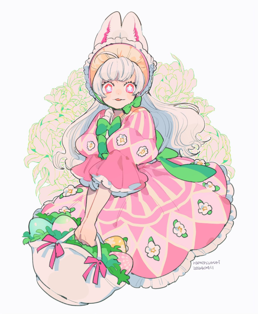 1girl, animal_ears, basket, bow, disney, disneyland, dress, easter_wonderland