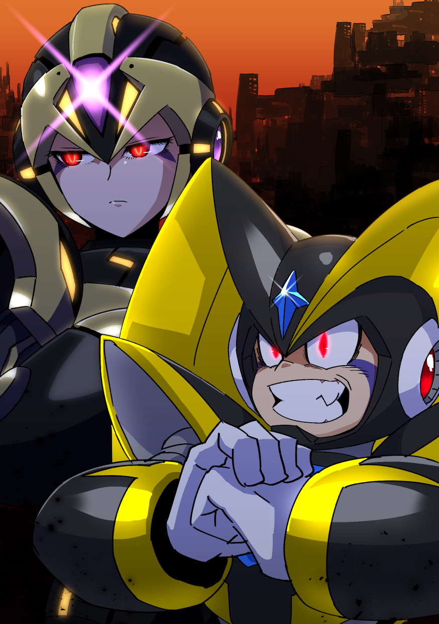 2boys, android, armor, bass_(mega_man), black_armor, black_helmet, chest_jewel, cityscape
