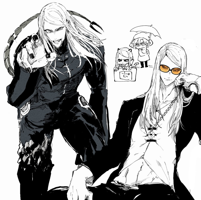 2boys, armor, black_armor, black_coat, coat, daybit_sem_void, fate/grand_order, fate_(series), highres, iriya_(lonesome), long_hair, multiple_boys, sitting, sunglasses, tezcatlipoca_(fate), tezcatlipoca_(second_ascension)_(fate)