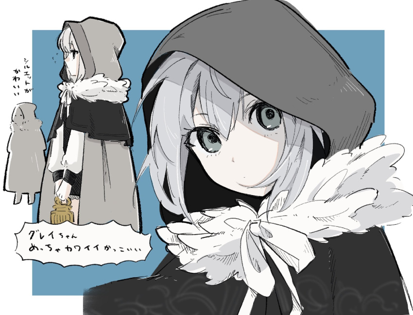 1girl, birdcage, black_capelet, blue_background, border, cage, capelet, cloak