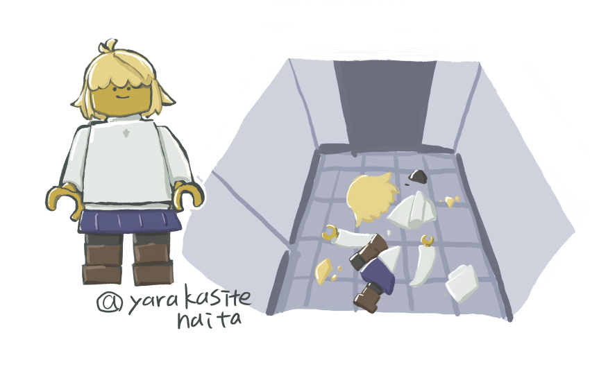 1girl, arcueid_brunestud, blonde_hair, colored_skin, disembodied_head, highres, lego, lego_minifig