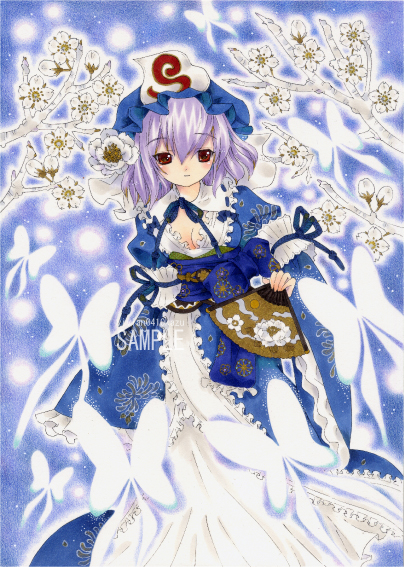 brown_eyes, butterfly, cherry_blossoms, fan, folding_fan, ghost, hat, japanese_clothes