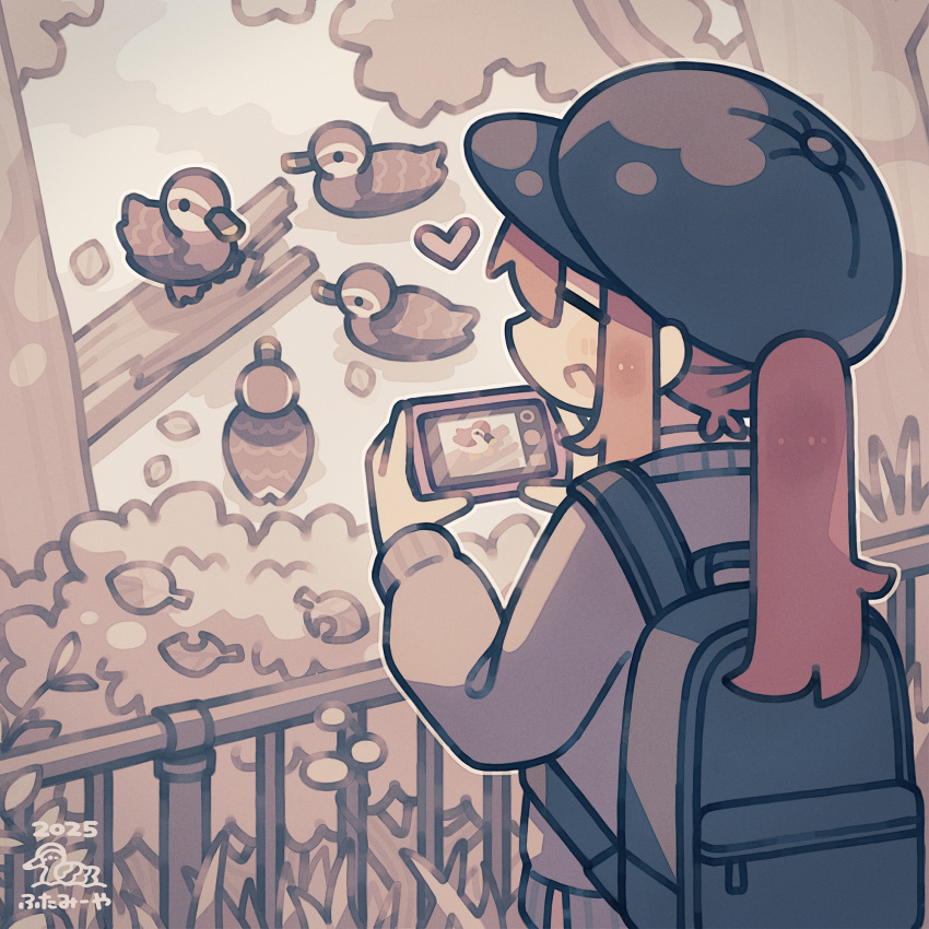 1girl, backpack, bag, baseball_cap, bird, black_bag, black_hat, blush