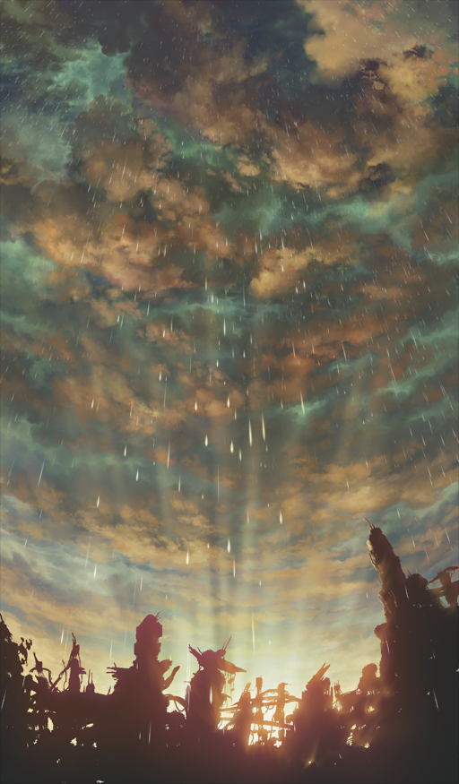 clouds, cloudy_sky, commentary, fate/grand_order, fate_(series), grey_theme, light_rays, no_humans