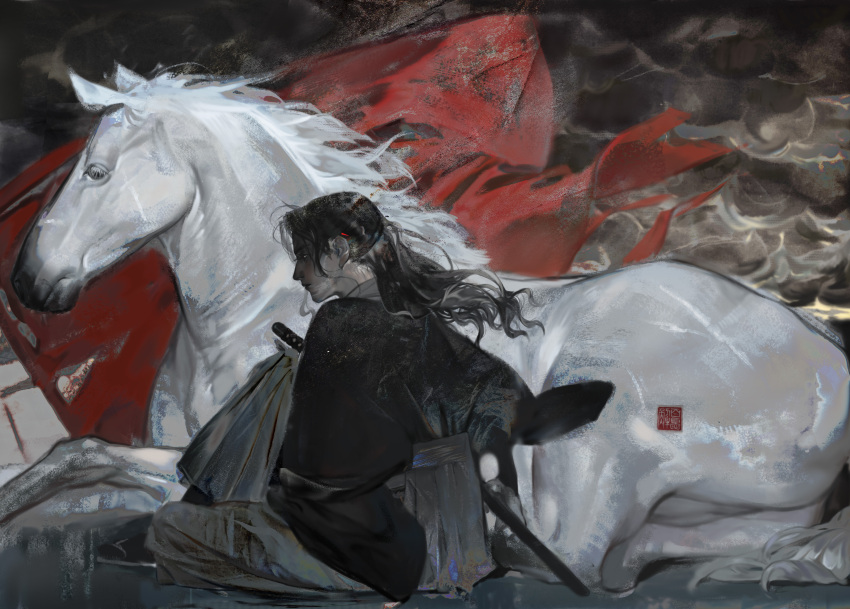 1boy, absurdres, black_hair, black_tunic, closed_mouth, colored_skin, floating_hair, from_side, full_body, grey_pants, grey_skin, hair_behind_ear, highres, keyouheshangxian, looking_down, male_focus, pants, parted_bangs, profile, red_flag, seal_impression, sheath, sheathed, sidelocks, sitting, solo, sword, tunic, watermark, weapon, white_horse, yi_meng_jianghu