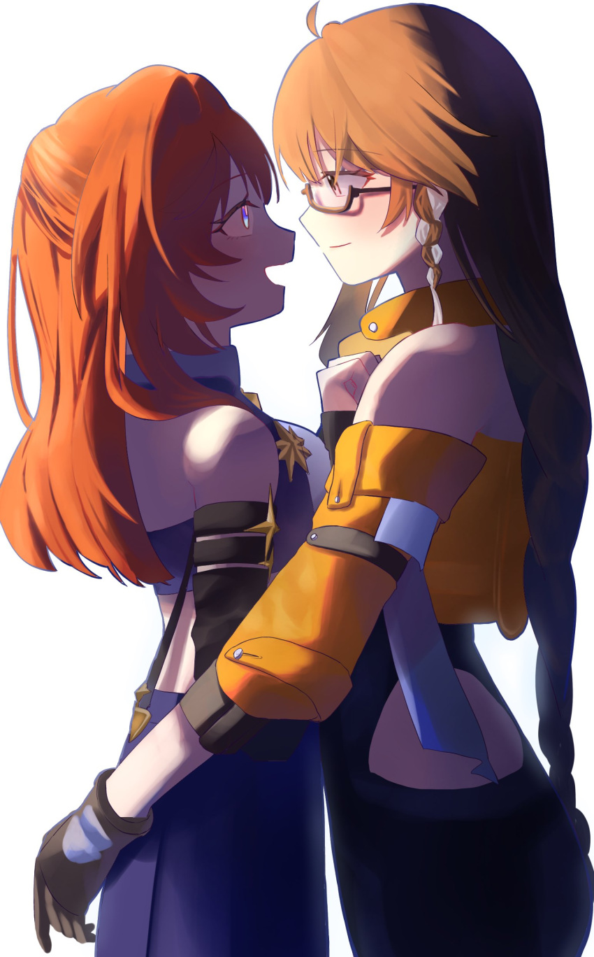2girls, absurdres, ahoge, bare_shoulders, blue_skirt, breasts, brown_eyes, brown_gloves, brown_hair, closed_mouth, duoyun_de_tiankong, entropy_(honkai_impact), female_dreamseeker_(honkai_impact), glasses, gloves, highres, honkai_(series), honkai_impact_3rd, jacket, long_hair, medium_breasts, multiple_girls, open_mouth, orange_jacket, semi-rimless_eyewear, senadina, senadina_(deepspace_anchor:_first_light), simple_background, skirt, smile, violet_eyes, white_background, yuri