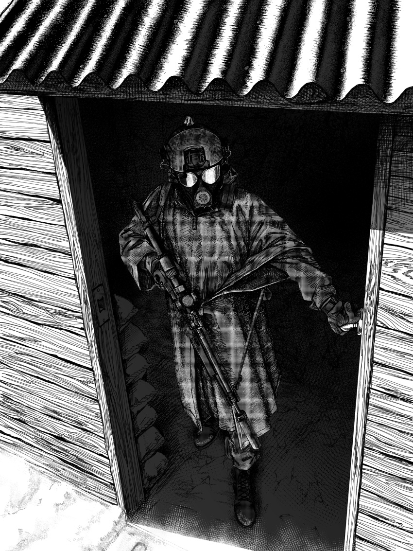 1boy, boots, combat_helmet, darius_billie_(moonkez), ear_protection, gas_mask, gloves, greyscale