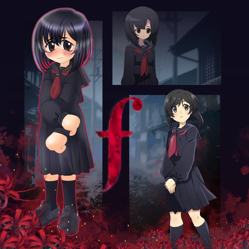 1girl, black_eyes, black_hair, black_sailor_collar, black_shirt, black_skirt, black_socks, bob_cut