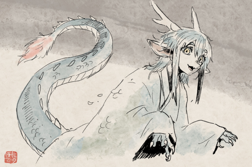 1boy, animal_hands, blue_hair, claws, commentary_request, dragon_boy, dragon_ears, dragon_horns