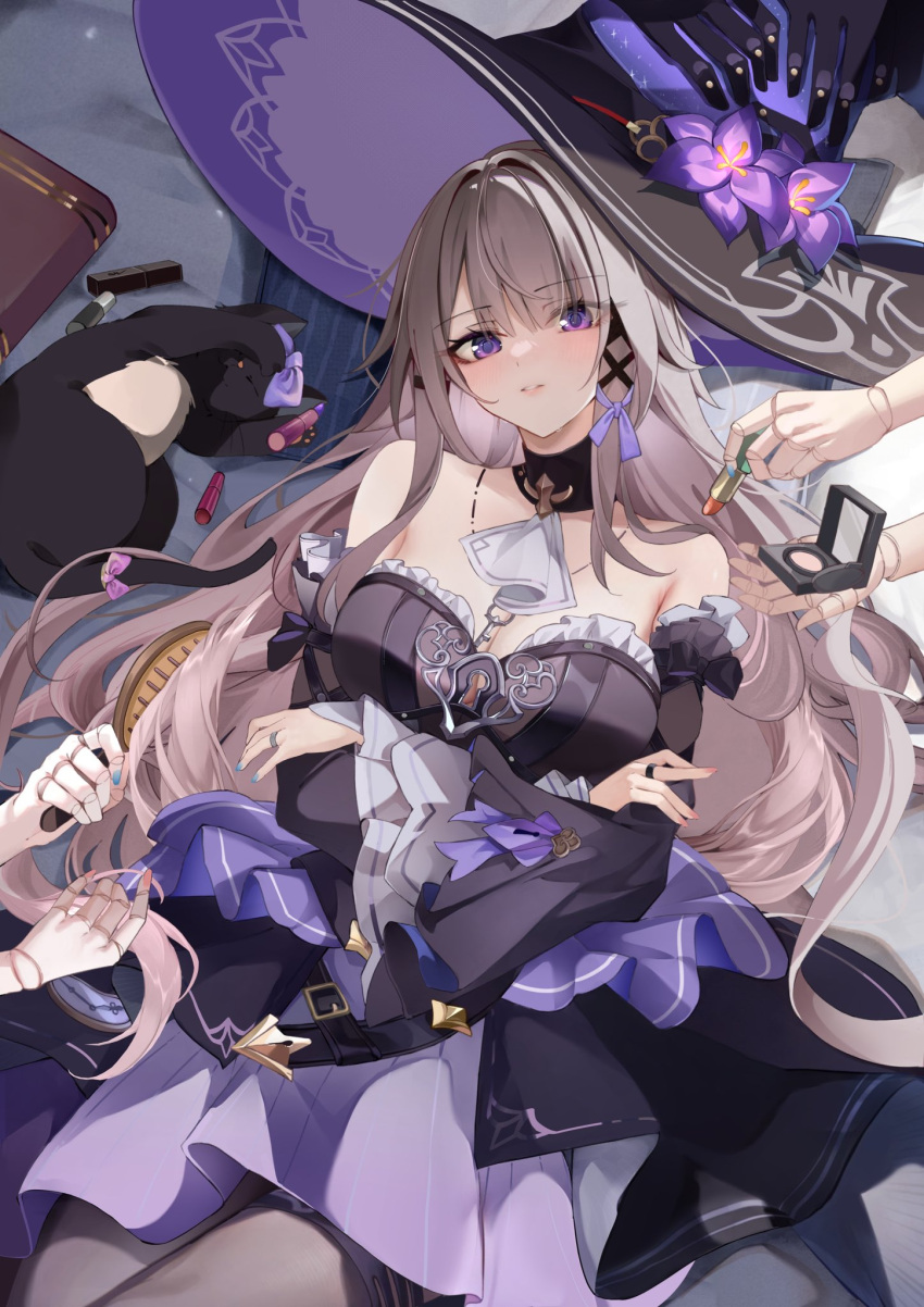 1girl, bare_shoulders, black_cat, black_dress, black_hat, breasts, brown_hair, cat