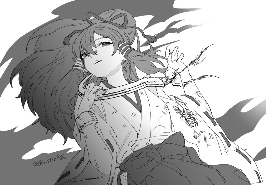 1girl, absurdres, commentary_request, cowboy_shot, cuffs, dutch_angle, foul_detective_satori, greyscale, hair_ribbon, hair_tubes, hakama, handcuffs, highres, japanese_clothes, kimono, long_hair, long_sleeves, mero_(starfish_jcs), miko, miyadeguchi_mizuchi, miyadeguchi_mizuchi_(human), monochrome, ribbon, ribbon-trimmed_sleeves, ribbon_trim, sidelocks, solo, touhou, twitter_username, wide_sleeves