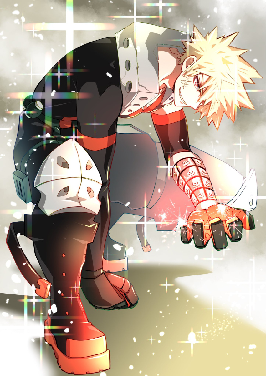 1boy, arm_support, bakugou_katsuki, belt, blonde_hair, boku_no_hero_academia, boots, commentary, explosive, full_body, gloves, grenade, highres, knee_pads, kneeling, male_focus, multicolored_gloves, outstretched_arms, parted_bangs, red_eyes, scar, scar_on_cheek, scar_on_face, short_hair, smile, solo, sparkle, superhero_costume, symbol-only_commentary, takehara, teeth