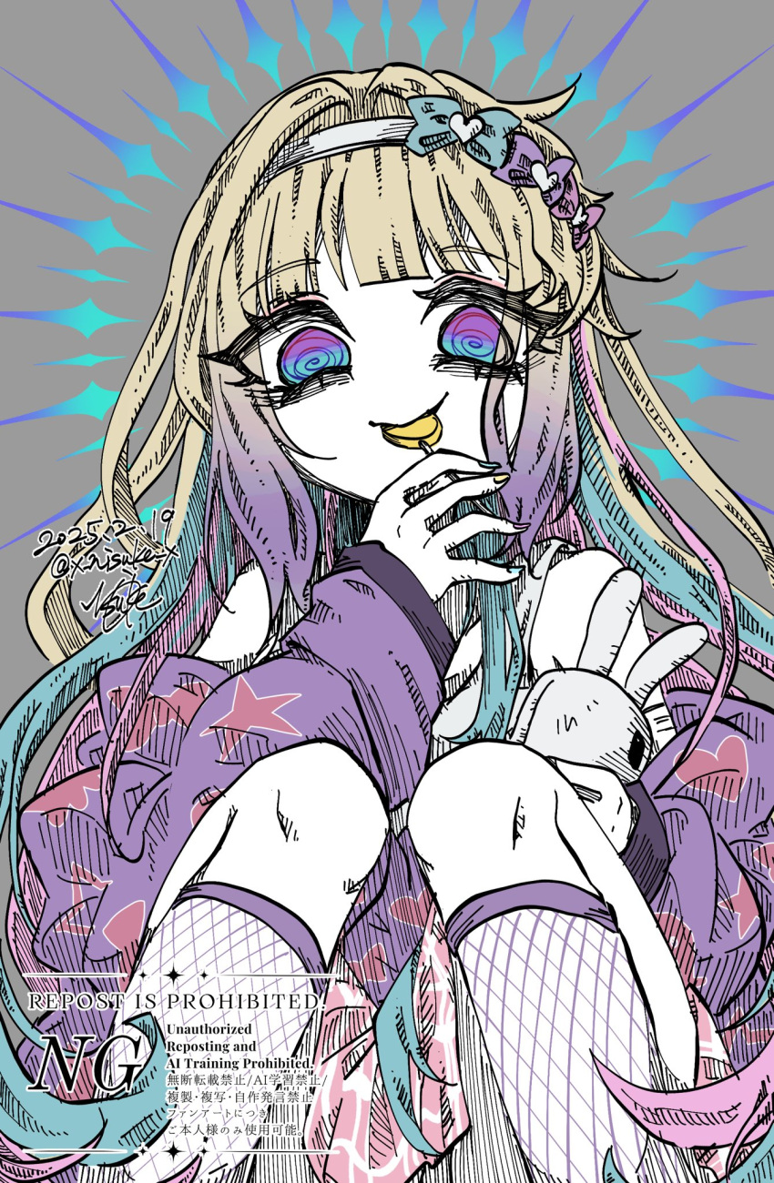 1girl, 2025, alternate_hairstyle, bags_under_eyes, bare_shoulders, blonde_hair, blue_bow, blue_eyes