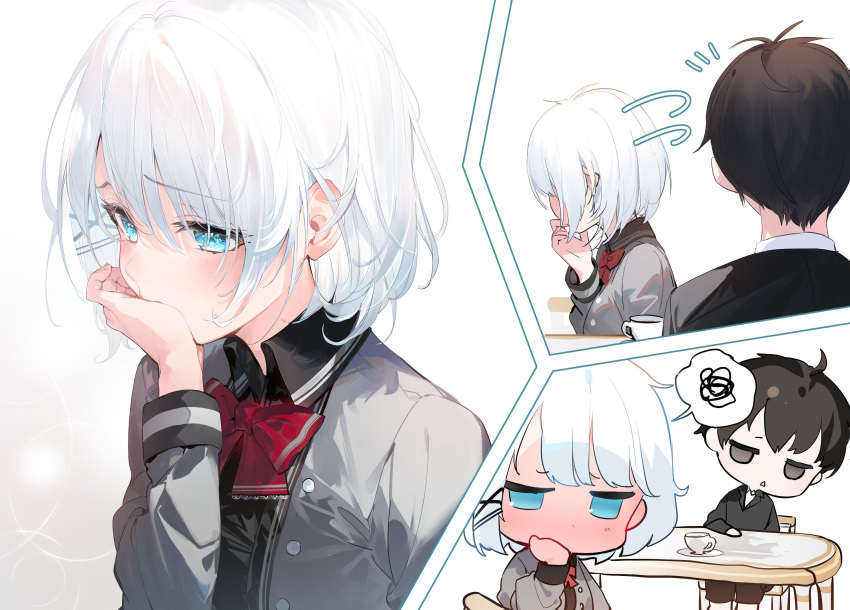1boy, 1girl, aqua_eyes, black_eyes, black_hair, black_shirt, blush, bow