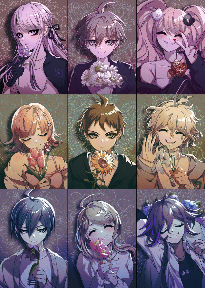 4girls, 5boys, ahoge, akamatsu_kaede, bear_hair_ornament, black_hair, blonde_hair, blush