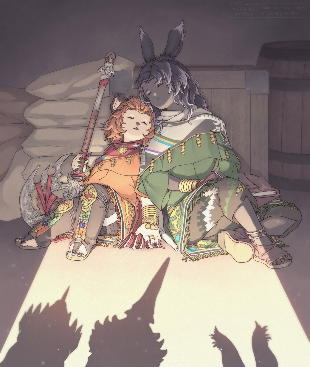 2boys, 2girls, aged_down, androgynous, animal_ears, axe, barrel, black_hair