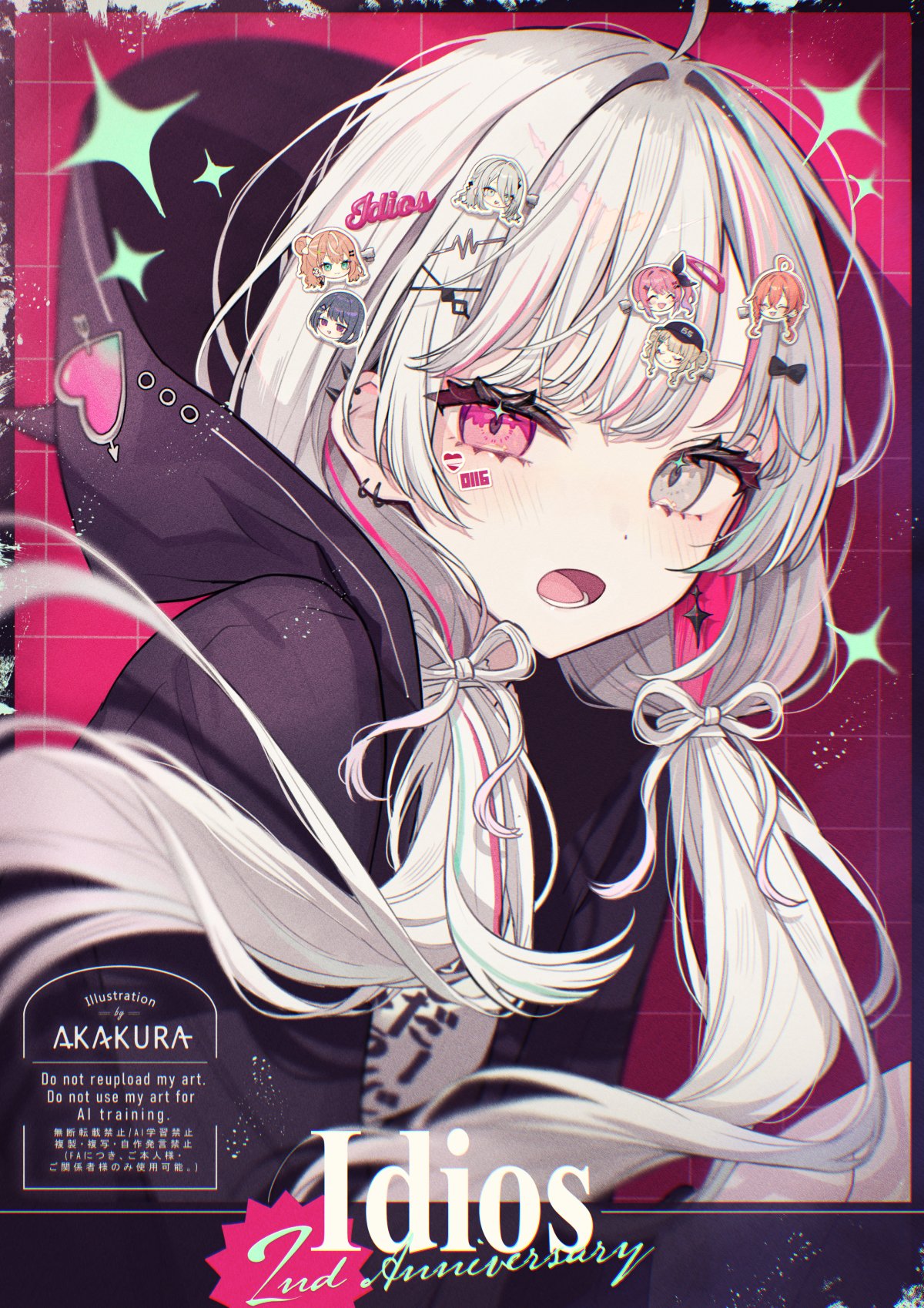 akakura, arrow_through_heart, black_hoodie, bow, bowtie, ear_piercing, grey_eyes, grey_hair