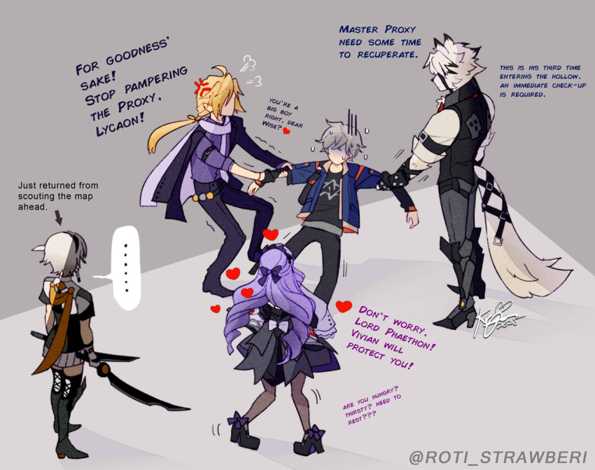 ..., 2girls, 3boys, ahoge, anby_demara, anby_demara_(silver_soldier), anger_vein, animal_ears, black_boots, black_bow, black_hairband, black_pants, black_shirt, black_shoes, blonde_hair, blue_jacket, boots, bow, commentary, dual_wielding, english_commentary, english_text, fingerless_gloves, furry, furry_male, gloom_(expression), gloves, grey_hair, hair_bow, hairband, heart, holding, holding_sword, holding_weapon, hugo_vlad, human_tug_of_war, jacket, long_hair, long_sleeves, multiple_boys, multiple_girls, pants, pointy_ears, ponytail, prosthesis, prosthetic_leg, puff_of_air, purple_hair, purple_scarf, purple_skirt, roti_strawberi, scarf, shirt, shoes, signature, skirt, spoken_ellipsis, sword, tail, twitter_username, vivian_(zenless_zone_zero), von_lycaon, weapon, white_hair, wise_(zenless_zone_zero), wolf_boy, wolf_ears, wolf_tail, zenless_zone_zero