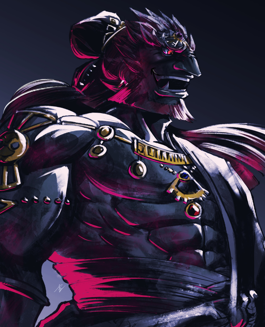 1boy, abs, aquiline_nose, beard, black_background, commentary_request, facial_hair, ganondorf