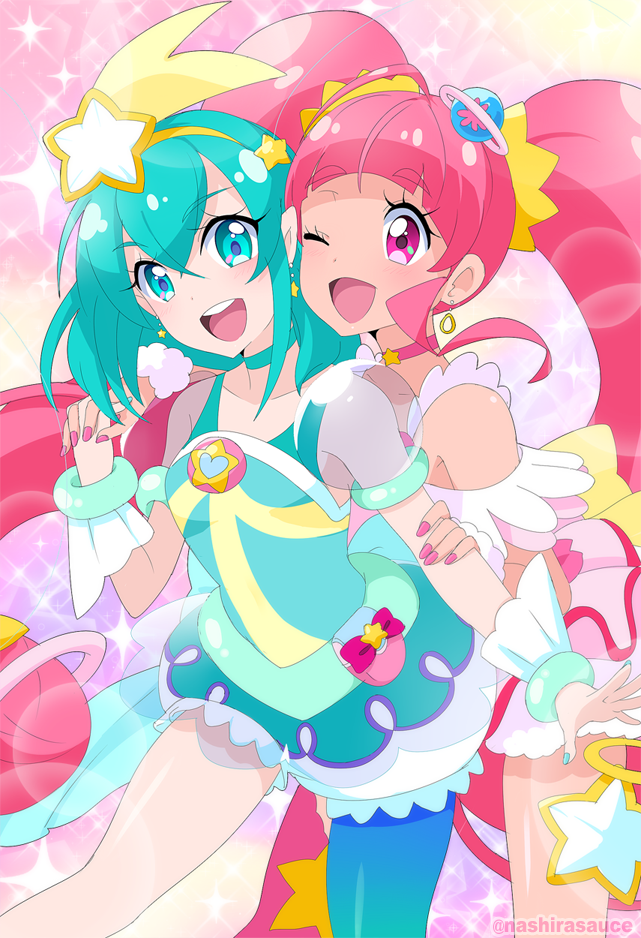 2girls, :d, ;d, ahoge, aqua_choker, aqua_dress, aqua_eyes, aqua_hair, aqua_nails, aqua_pantyhose, blunt_bangs, blush, breasts, brooch, bubble_skirt, choker, collarbone, commentary, cowboy_shot, cure_milky, cure_star, dot_nose, double-parted_bangs, dress, earrings, four-pointed_star, front-to-back, fur_cuffs, fur_trim, hagoromo_lala, hair_between_eyes, hair_ornament, hairband, hand_on_another's_arm, holding_hands, hoop_earrings, hoshina_hikaru, jewelry, legs_apart, light_particles, long_hair, magical_girl, medium_hair, multiple_girls, nail_polish, nashirasauce, one_eye_closed, open_mouth, pantyhose, petticoat, pink_background, pink_choker, pink_dress, pink_eyes, pink_hair, pink_nails, pink_thighhighs, planet_hair_ornament, pointy_ears, pouch, precure, puffy_short_sleeves, puffy_sleeves, see-through_clothes, see-through_sleeves, shooting_star_hair_ornament, short_dress, short_sleeves, single_leg_pantyhose, single_thighhigh, skirt, small_breasts, smile, sparkle, sparkle_background, star_(symbol), star_brooch, star_choker, star_earrings, star_hair_ornament, star_hairband, star_twinkle_precure, teeth, thigh-highs, twintails, twitter_username, upper_teeth_only, very_long_hair, white_petticoat, white_wrist_cuffs, wrist_cuffs, yellow_hairband