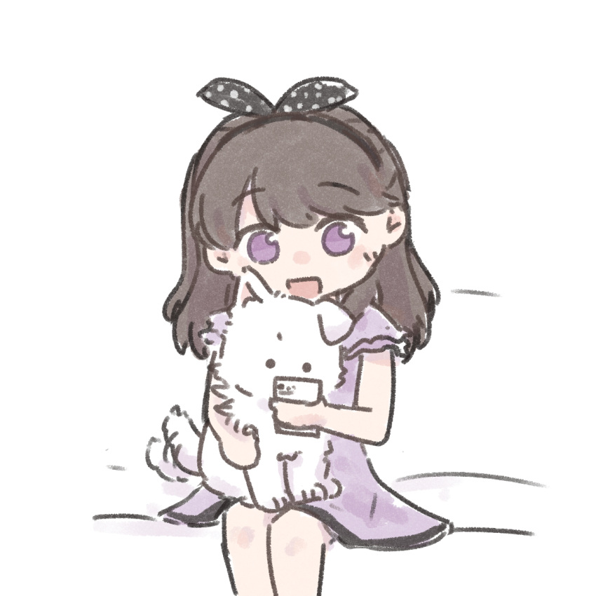 1girl, animal, animal_on_lap, ao_kaeru, black_hairband, bow_hairband, brown_hair, cellphone