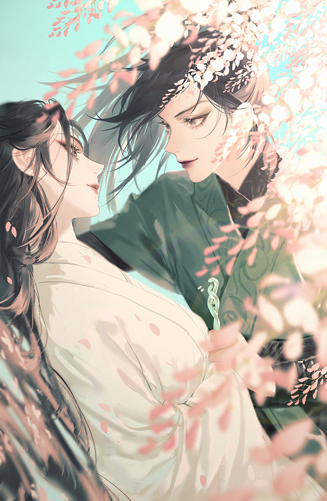 2girls, baishe:_yuanqi, black_hair, blue_sky, blurry, blurry_foreground, branch, cherry_blossoms, chinese_clothes, closed_mouth, day, eye_contact, falling_petals, flower, from_side, hanfu, long_hair, long_sleeves, looking_at_another, makeup, multiple_girls, outdoors, petals, reloon, robe, sky, smile, upper_body, wide_sleeves, xiao_bai, xiao_qing, yuri