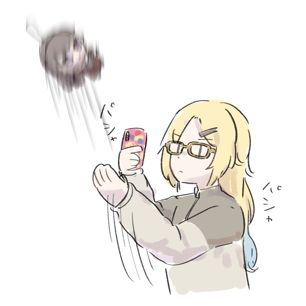 1girl, ao_kaeru, blonde_hair, blue_hair, brown-framed_eyewear, brown_shirt, commentary_request, cropped_torso