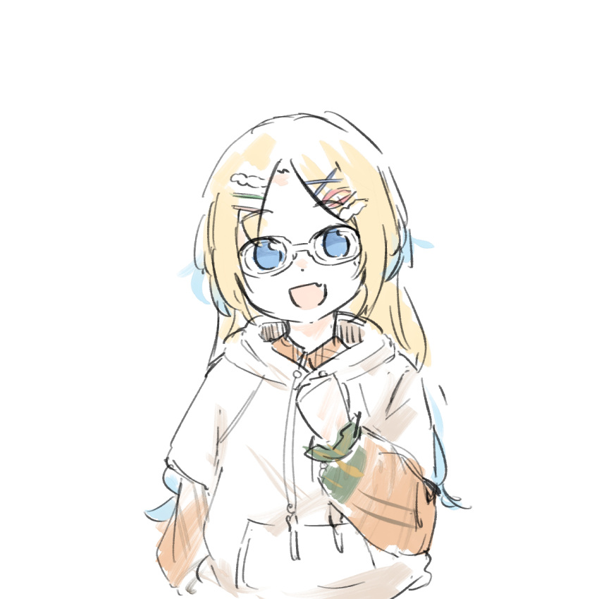 1girl, :d, blonde_hair, blue_eyes, clenched_hand, colored_tips, colorfulness_(love_live!), commentary_request