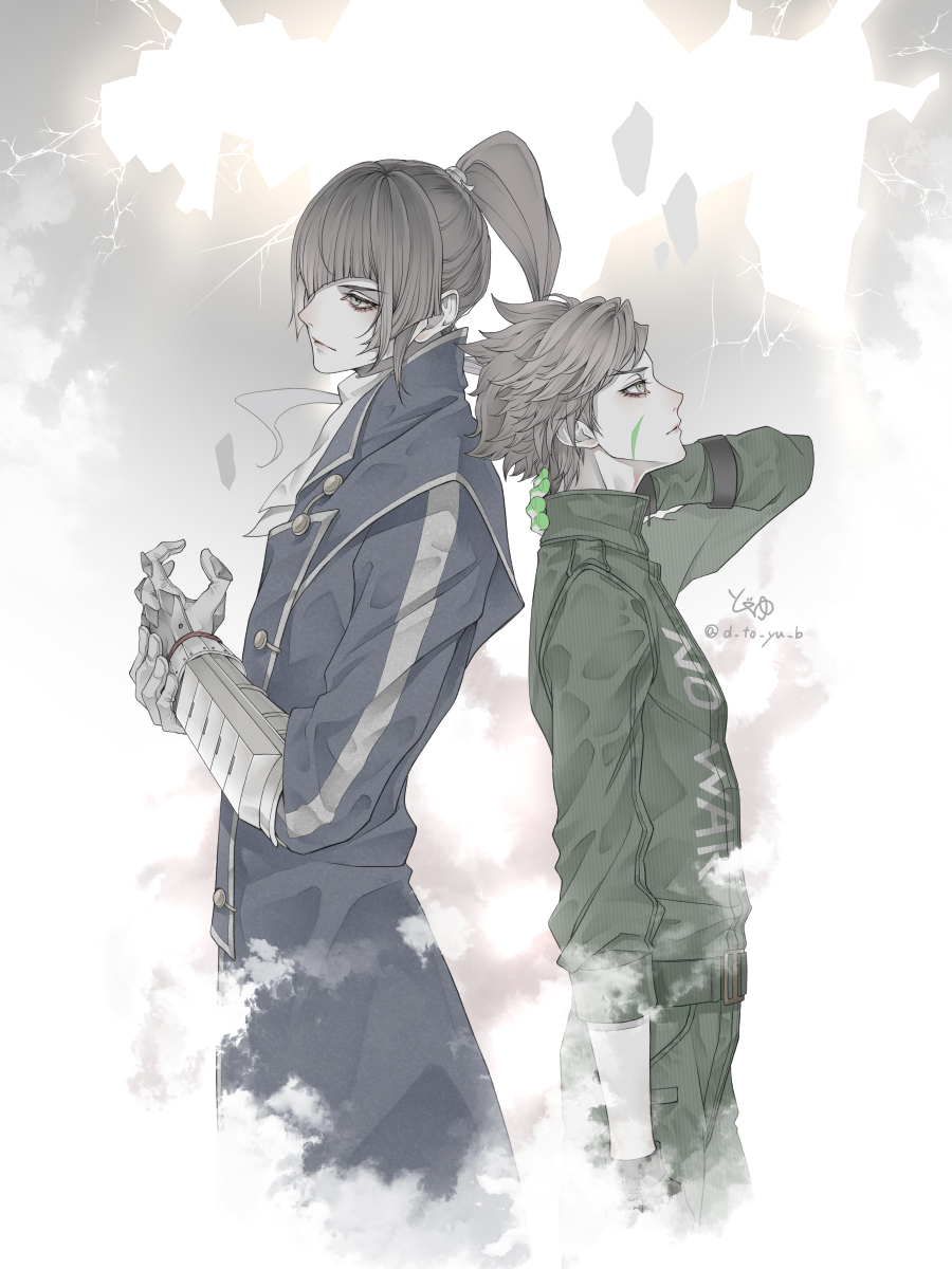 2boys, back-to-back, coat, expressionless, flynn_(megami_tensei), gloves, grey_eyes, grey_hair