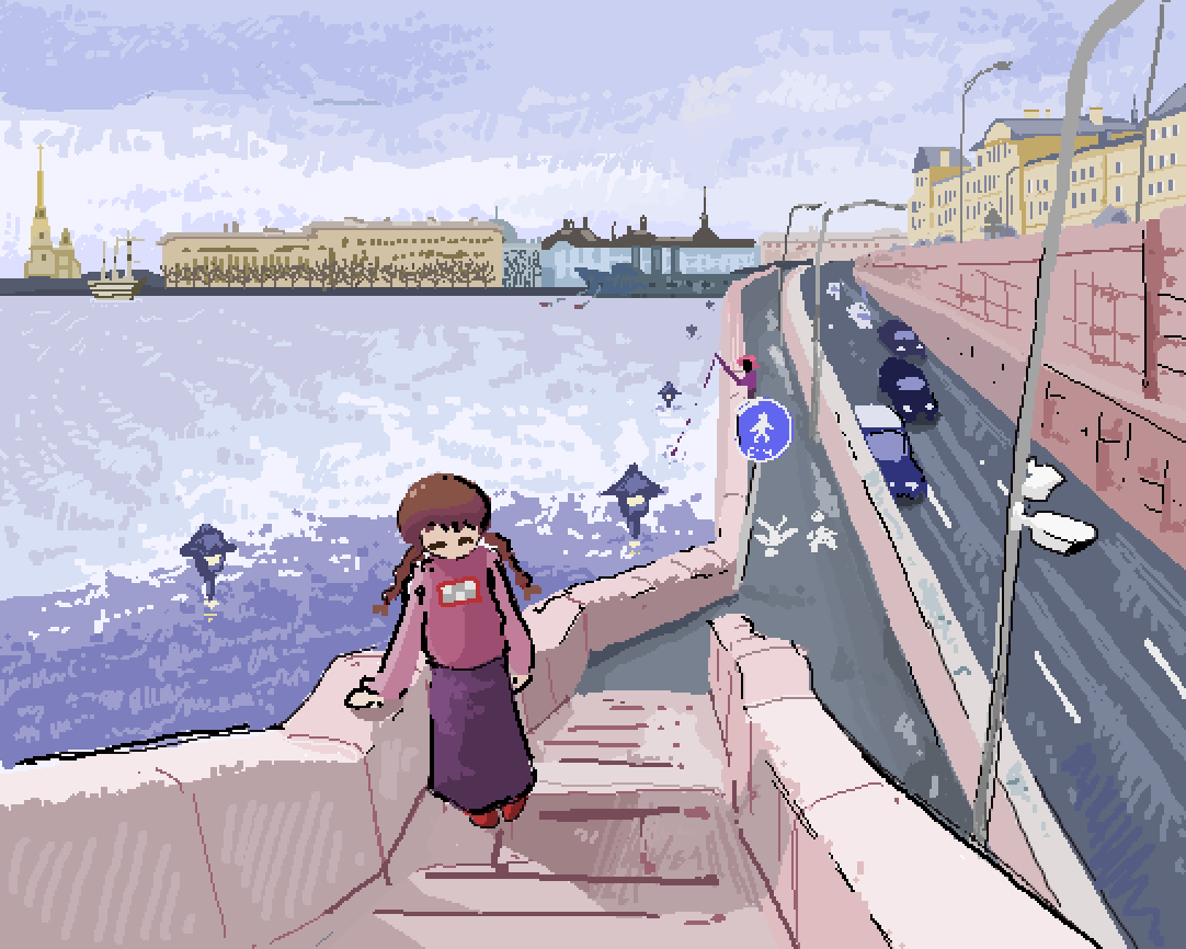 1girl, 1other, braid, brown_hair, car, church, city, closed_eyes, clouds, cloudy_sky, cross, european_architecture, fishing, fishing_rod, from_above, hand_on_railing, holding, holding_fishing_rod, imax_3d, jaggy_lines, lamppost, latin_cross, long_hair, long_skirt, madotsuki, motor_vehicle, on_stairs, outdoors, painterly, pastel_colors, pavement, perspective, pink_sweater, purple_skirt, red_shoes, reflection, reflective_water, road, scenery, shadow, ship, shoes, sidelighting, sidewalk, skirt, sky, skyline, solo_focus, stairs, steeple, stone_stairs, stone_wall, street, sweater, turtleneck, turtleneck_sweater, twin_braids, walking_towards_viewer, water, watercraft, wide_shot, yume_nikki