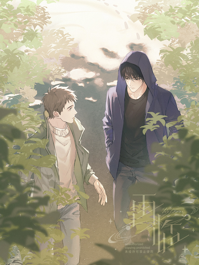 2boys, artist_name, black_hair, black_shirt, blue_hoodie, brown_eyes, brown_hair, closed_mouth