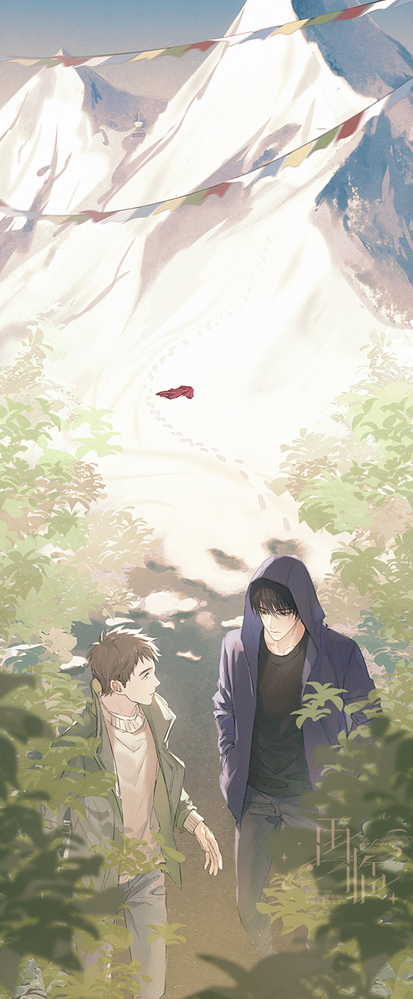 2boys, artist_name, black_hair, black_shirt, blue_hoodie, blurry, blurry_foreground, brown_eyes