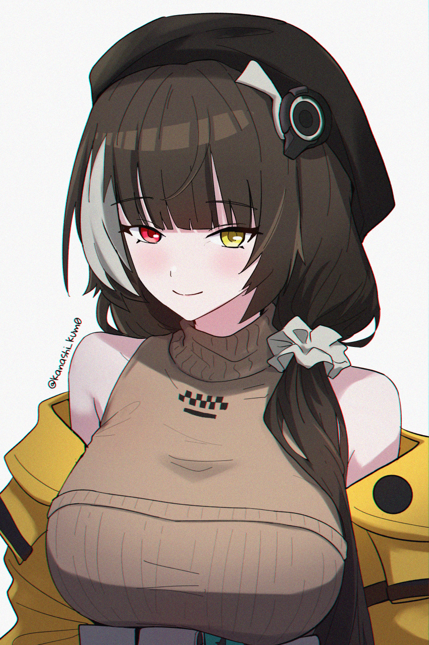 1girl, absurdres, beret, black_hair, black_hat, breasts, brown_sweater, girls_frontline