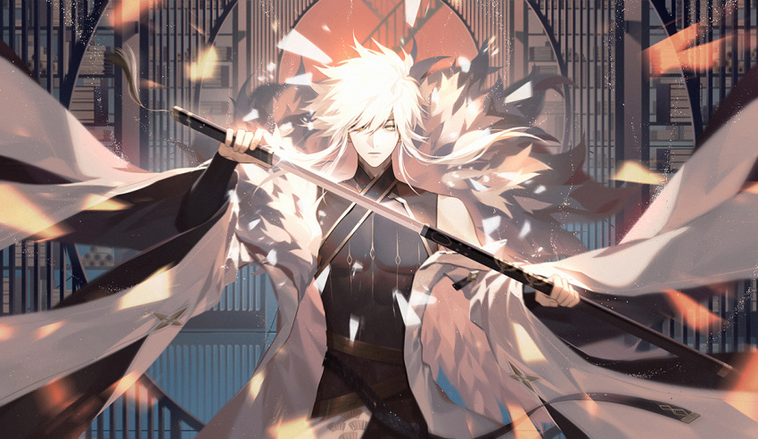 1boy, bare_shoulders, bishounen, building, closed_mouth, coat, cowboy_shot, detached_sleeves