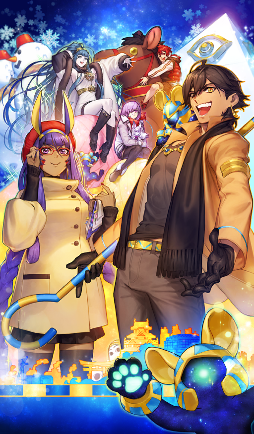 >:), 2boys, 3girls, adjusting_eyewear, alexander_(fate), alexander_(winter_thanksgiving_festival)_(fate), aqua_hair, armpits, azusa_(hws), bespectacled, black_boots, black_gloves, black_scarf, black_shirt, black_skirt, black_sweater, black_thighhighs, blue_background, blunt_bangs, boots, braid, breasts, brown_boots, brown_coat, brown_hair, brown_jacket, brown_pants, brown_shorts, buttons, check_commentary, cleopatra_(fate), cleopatra_(winter_thanksgiving_festival)_(fate), closed_mouth, coat, commentary, commentary_request, cowboy_shot, creature, dark-skinned_female, dark-skinned_male, dark_skin, diffraction_spikes, dress, earmuffs, earrings, eye_of_horus, fate/grand_order, fate_(series), fou_(fate), fur-trimmed_boots, fur_trim, glasses, gloves, gold_belt, gold_earrings, grey_jacket, hair_between_eyes, hair_over_one_eye, happy, high_ponytail, holding, holding_staff, hoop_earrings, horse, jacket, jewelry, long_hair, long_sleeves, looking_at_viewer, mash_kyrielight, medium_breasts, midriff_peek, miniskirt, multiple_boys, multiple_girls, necklace, nitocris_(fate), nitocris_(winter_thanksgiving_festival)_(fate), official_art, one_eye_closed, open_clothes, open_coat, open_mouth, orange_coat, oversized_object, ozymandias_(fate), ozymandias_(winter_thanksgiving_festival)_(fate), pants, pantyhose, pectoral_cleavage, pectorals, pink_eyes, ponytail, popped_collar, puffy_long_sleeves, puffy_sleeves, purple_hair, pyramid_(structure), ramesseum_tentyris, red-framed_eyewear, red_hair, red_jacket, red_nails, red_scarf, scarf, shirt, short_dress, short_hair, shorts, sidelocks, single_braid, sitting, skirt, sleeveless, sleeveless_dress, smile, snowflake_background, snowman, sparkle, sphinx_awlad, staff, standing, stuffed_animal, stuffed_toy, sweater, thigh-highs, third-party_source, v-shaped_eyebrows, very_long_hair, white_coat, white_dress, white_pantyhose, winter, winter_clothes, winter_coat, yellow_eyes