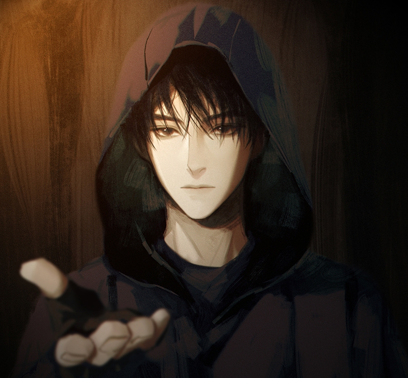 1boy, black_eyes, black_gloves, black_hair, blurry, brown_background, closed_mouth, dao_mu_bi_ji