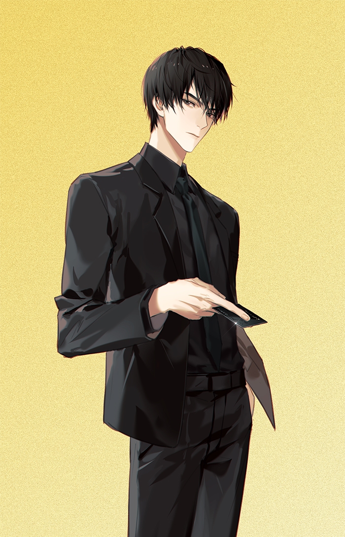1boy, alternate_costume, black_hair, black_jacket, black_necktie, black_pants, black_shirt, black_suit