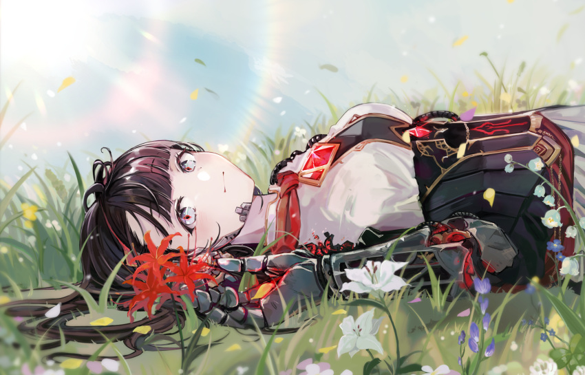 1girl, absurdres, android, black_hair, blunt_bangs, corset, flower, gem