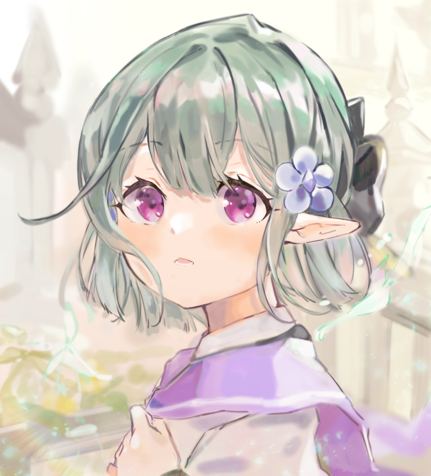 1girl, black_bow, bow, castelle_(shadowverse), collared_shirt, double-parted_bangs, flower, green_hair