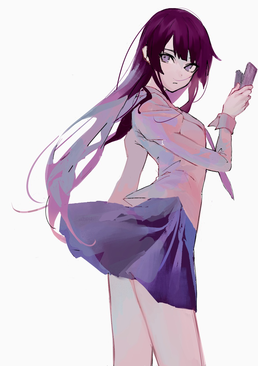 1girl, bakemonogatari, blue_skirt, closed_mouth, collared_shirt, commentary, cowboy_shot, expressionless