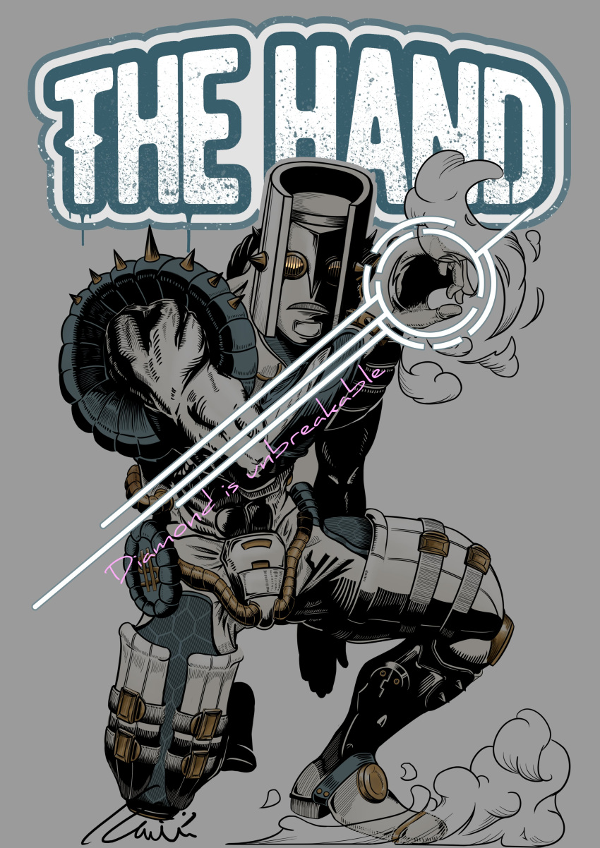 1other, absurdres, armor, blue_armor, character_name, diamond_wa_kudakenai, grey_background, highres, jojo_no_kimyou_na_bouken, kurobameiyos, spiked_armor, squatting, stand_(jojo), the_hand_(stand), white_armor, yellow_eyes