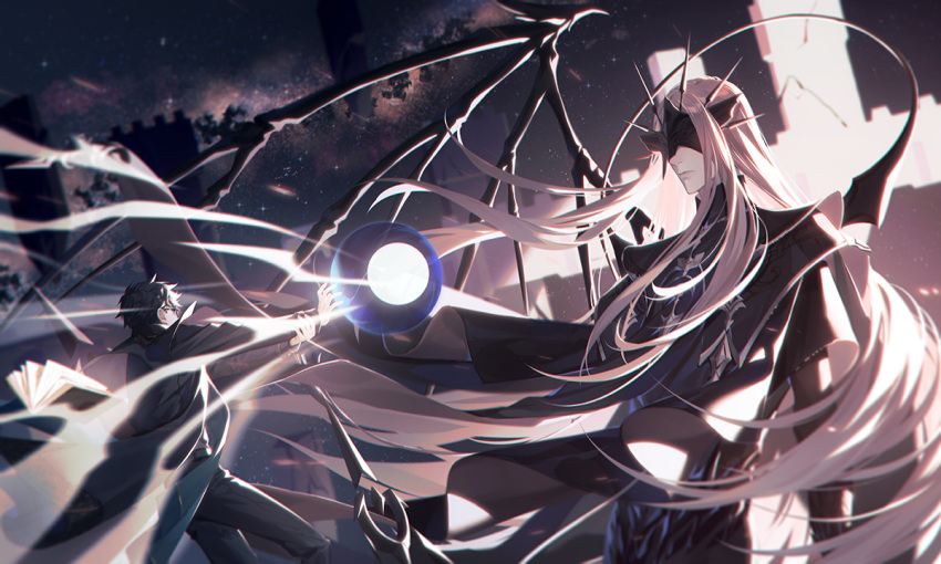 2boys, black_gloves, black_hair, black_jacket, black_pants, book, cloak, closed_mouth